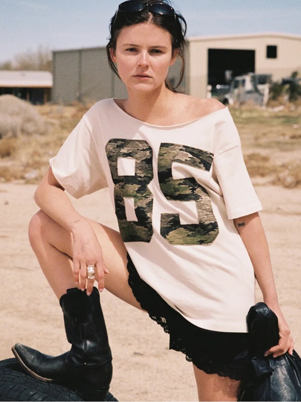 Daydreamer Camo 85 Appliqué Off the Shoulder Tee